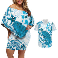 Cyan And White Hawaii Chameleon Couples Matching Off Shoulder Short Dress and Hawaiian Shirt Plumeria Polynesian Tribal Art