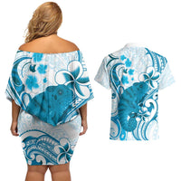 Cyan And White Hawaii Chameleon Couples Matching Off Shoulder Short Dress and Hawaiian Shirt Plumeria Polynesian Tribal Art