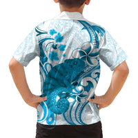 Cyan And White Hawaii Chameleon Family Matching Long Sleeve Bodycon Dress and Hawaiian Shirt Plumeria Polynesian Tribal Art