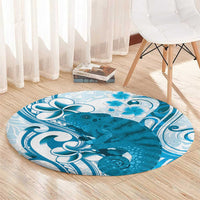 Cyan And White Hawaii Chameleon Round Carpet Plumeria Polynesian Tribal Art