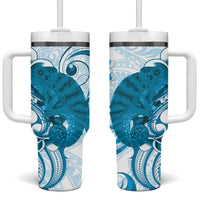 Cyan And White Hawaii Chameleon Tumbler With Handle Plumeria Polynesian Tribal Art