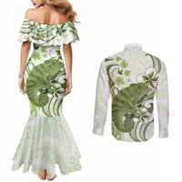 Green And White Hawaii Chameleon Couples Matching Mermaid Dress and Long Sleeve Button Shirt Plumeria Polynesian Tribal Art
