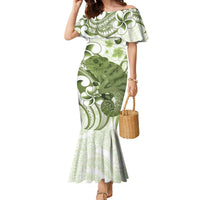 Green And White Hawaii Chameleon Family Matching Mermaid Dress and Hawaiian Shirt Plumeria Polynesian Tribal Art
