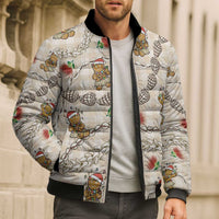 Beige Palaka Hawaii Mele Kalikimaka Bomber Puffer Jacket Ohia Lehua Shell Leis Funny Gingerbread Santa - Polynesian Pride