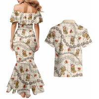 Beige Palaka Hawaii Mele Kalikimaka Couples Matching Mermaid Dress and Hawaiian Shirt Ohia Lehua Shell Leis Funny Gingerbread Santa - Polynesian Pride