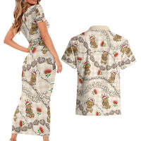 Beige Palaka Hawaii Mele Kalikimaka Couples Matching Short Sleeve Bodycon Dress and Hawaiian Shirt Ohia Lehua Shell Leis Funny Gingerbread Santa LT14 - Polynesian Pride
