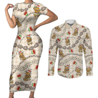 Beige Palaka Hawaii Mele Kalikimaka Couples Matching Short Sleeve Bodycon Dress and Long Sleeve Button Shirt Ohia Lehua Shell Leis Funny Gingerbread Santa - Polynesian Pride