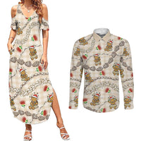 Beige Palaka Hawaii Mele Kalikimaka Couples Matching Summer Maxi Dress and Long Sleeve Button Shirt Ohia Lehua Shell Leis Funny Gingerbread Santa LT14 Beige - Polynesian Pride