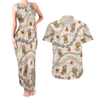 Beige Palaka Hawaii Mele Kalikimaka Couples Matching Tank Maxi Dress and Hawaiian Shirt Ohia Lehua Shell Leis Funny Gingerbread Santa - Polynesian Pride