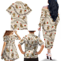 Beige Palaka Hawaii Mele Kalikimaka Family Matching Off The Shoulder Long Sleeve Dress and Hawaiian Shirt Ohia Lehua Shell Leis Funny Gingerbread Santa LT14 - Polynesian Pride