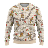 Beige Palaka Hawaii Mele Kalikimaka Ugly Christmas Sweater Ohia Lehua Shell Leis Funny Gingerbread Santa - Polynesian Pride