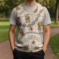 Beige Palaka Hawaii Mele Kalikimaka Christmas Knitted V-Neck Vest Ohia Lehua Shell Leis Funny Gingerbread Santa - Polynesian Pride