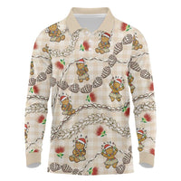 Beige Palaka Hawaii Mele Kalikimaka Long Sleeve Polo Shirt Ohia Lehua Shell Leis Funny Gingerbread Santa - Polynesian Pride