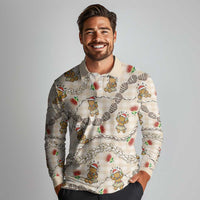 Beige Palaka Hawaii Mele Kalikimaka Long Sleeve Polo Shirt Ohia Lehua Shell Leis Funny Gingerbread Santa - Polynesian Pride