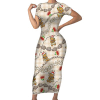 Beige Palaka Hawaii Mele Kalikimaka Short Sleeve Bodycon Dress Ohia Lehua Shell Leis Funny Gingerbread Santa LT14 Long Dress Beige - Polynesian Pride