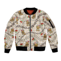 Beige Palaka Hawaii Mele Kalikimaka Sleeve Zip Bomber Jacket Ohia Lehua Shell Leis Funny Gingerbread Santa - Polynesian Pride