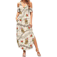 Beige Palaka Hawaii Mele Kalikimaka Summer Maxi Dress Ohia Lehua Shell Leis Funny Gingerbread Santa LT14 Women Beige - Polynesian Pride