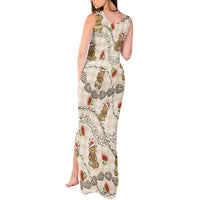 Beige Palaka Hawaii Mele Kalikimaka Tank Maxi Dress Ohia Lehua Shell Leis Funny Gingerbread Santa - Polynesian Pride