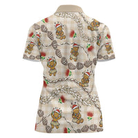 Beige Palaka Hawaii Mele Kalikimaka Women Polo Shirt Ohia Lehua Shell Leis Funny Gingerbread Santa - Polynesian Pride