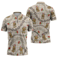 Beige Palaka Hawaii Mele Kalikimaka Zipper Polo Shirt Ohia Lehua Shell Leis Funny Gingerbread Santa LT14 - Polynesian Pride