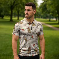 Beige Palaka Hawaii Mele Kalikimaka Zipper Polo Shirt Ohia Lehua Shell Leis Funny Gingerbread Santa LT14 - Polynesian Pride