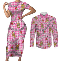 Pink Palaka Hawaii Mele Kalikimaka Couples Matching Short Sleeve Bodycon Dress and Long Sleeve Button Shirt Ohia Lehua Shell Leis Funny Gingerbread Santa - Polynesian Pride