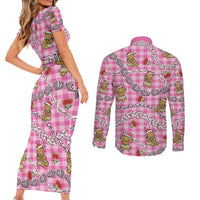 Pink Palaka Hawaii Mele Kalikimaka Couples Matching Short Sleeve Bodycon Dress and Long Sleeve Button Shirt Ohia Lehua Shell Leis Funny Gingerbread Santa - Polynesian Pride