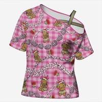 Pink Palaka Hawaii Mele Kalikimaka Cross Shoulder Shirt Ohia Lehua Shell Leis Funny Gingerbread Santa LT14 Female Pink - Polynesian Pride