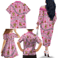 Pink Palaka Hawaii Mele Kalikimaka Family Matching Off The Shoulder Long Sleeve Dress and Hawaiian Shirt Ohia Lehua Shell Leis Funny Gingerbread Santa - Polynesian Pride