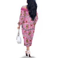 Pink Palaka Hawaii Mele Kalikimaka Family Matching Off The Shoulder Long Sleeve Dress and Hawaiian Shirt Ohia Lehua Shell Leis Funny Gingerbread Santa - Polynesian Pride