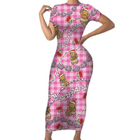 Pink Palaka Hawaii Mele Kalikimaka Short Sleeve Bodycon Dress Ohia Lehua Shell Leis Funny Gingerbread Santa LT14 Long Dress Pink - Polynesian Pride