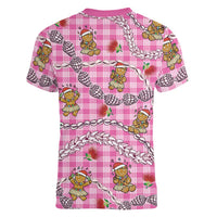 Pink Palaka Hawaii Mele Kalikimaka Women V-Neck T-Shirt Ohia Lehua Shell Leis Funny Gingerbread Santa - Polynesian Pride