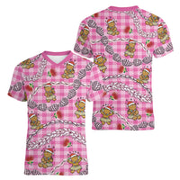 Pink Palaka Hawaii Mele Kalikimaka Women V-Neck T-Shirt Ohia Lehua Shell Leis Funny Gingerbread Santa - Polynesian Pride