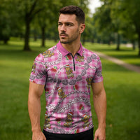 Pink Palaka Hawaii Mele Kalikimaka Zipper Polo Shirt Ohia Lehua Shell Leis Funny Gingerbread Santa LT14 - Polynesian Pride