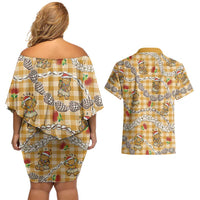 Gold Palaka Hawaii Mele Kalikimaka Couples Matching Off Shoulder Short Dress and Hawaiian Shirt Ohia Lehua Shell Leis Funny Gingerbread Santa - Polynesian Pride