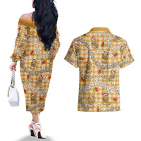 Gold Palaka Hawaii Mele Kalikimaka Couples Matching Off The Shoulder Long Sleeve Dress and Hawaiian Shirt Ohia Lehua Shell Leis Funny Gingerbread Santa LT14 - Polynesian Pride