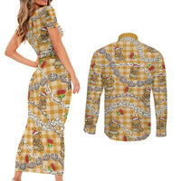 Gold Palaka Hawaii Mele Kalikimaka Couples Matching Short Sleeve Bodycon Dress and Long Sleeve Button Shirt Ohia Lehua Shell Leis Funny Gingerbread Santa - Polynesian Pride