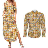Gold Palaka Hawaii Mele Kalikimaka Couples Matching Summer Maxi Dress and Long Sleeve Button Shirt Ohia Lehua Shell Leis Funny Gingerbread Santa - Polynesian Pride