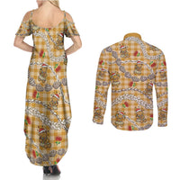 Gold Palaka Hawaii Mele Kalikimaka Couples Matching Summer Maxi Dress and Long Sleeve Button Shirt Ohia Lehua Shell Leis Funny Gingerbread Santa - Polynesian Pride