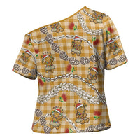 Gold Palaka Hawaii Mele Kalikimaka Cross Shoulder Shirt Ohia Lehua Shell Leis Funny Gingerbread Santa LT14 - Polynesian Pride