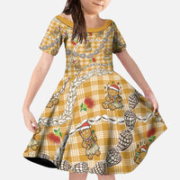 Gold Palaka Hawaii Mele Kalikimaka Family Matching Off The Shoulder Long Sleeve Dress and Hawaiian Shirt Ohia Lehua Shell Leis Funny Gingerbread Santa LT14 Daughter's Dress Gold - Polynesian Pride
