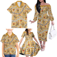 Gold Palaka Hawaii Mele Kalikimaka Family Matching Off The Shoulder Long Sleeve Dress and Hawaiian Shirt Ohia Lehua Shell Leis Funny Gingerbread Santa LT14 - Polynesian Pride
