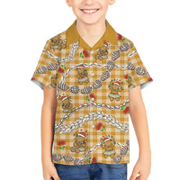 Gold Palaka Hawaii Mele Kalikimaka Family Matching Off The Shoulder Long Sleeve Dress and Hawaiian Shirt Ohia Lehua Shell Leis Funny Gingerbread Santa LT14 - Polynesian Pride