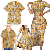Gold Palaka Hawaii Mele Kalikimaka Family Matching Short Sleeve Bodycon Dress and Hawaiian Shirt Ohia Lehua Shell Leis Funny Gingerbread Santa LT14 - Polynesian Pride