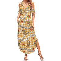 Gold Palaka Hawaii Mele Kalikimaka Family Matching Summer Maxi Dress and Hawaiian Shirt Ohia Lehua Shell Leis Funny Gingerbread Santa LT14 Gold - Polynesian Pride