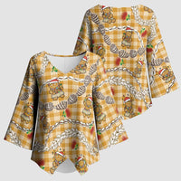 Gold Palaka Hawaii Mele Kalikimaka Kimono Sleeve Blouse Ohia Lehua Shell Leis Funny Gingerbread Santa - Polynesian Pride