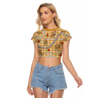 Gold Palaka Hawaii Mele Kalikimaka Raglan Cropped T Shirt Ohia Lehua Shell Leis Funny Gingerbread Santa LT14 Female Gold - Polynesian Pride