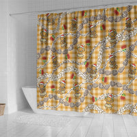 Gold Palaka Hawaii Mele Kalikimaka Shower Curtain Ohia Lehua Shell Leis Funny Gingerbread Santa - Polynesian Pride