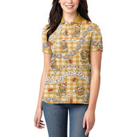 Gold Palaka Hawaii Mele Kalikimaka Women Polo Shirt Ohia Lehua Shell Leis Funny Gingerbread Santa - Polynesian Pride