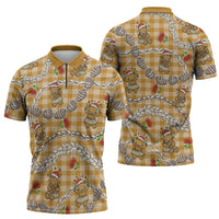 Gold Palaka Hawaii Mele Kalikimaka Zipper Polo Shirt Ohia Lehua Shell Leis Funny Gingerbread Santa LT14 - Polynesian Pride